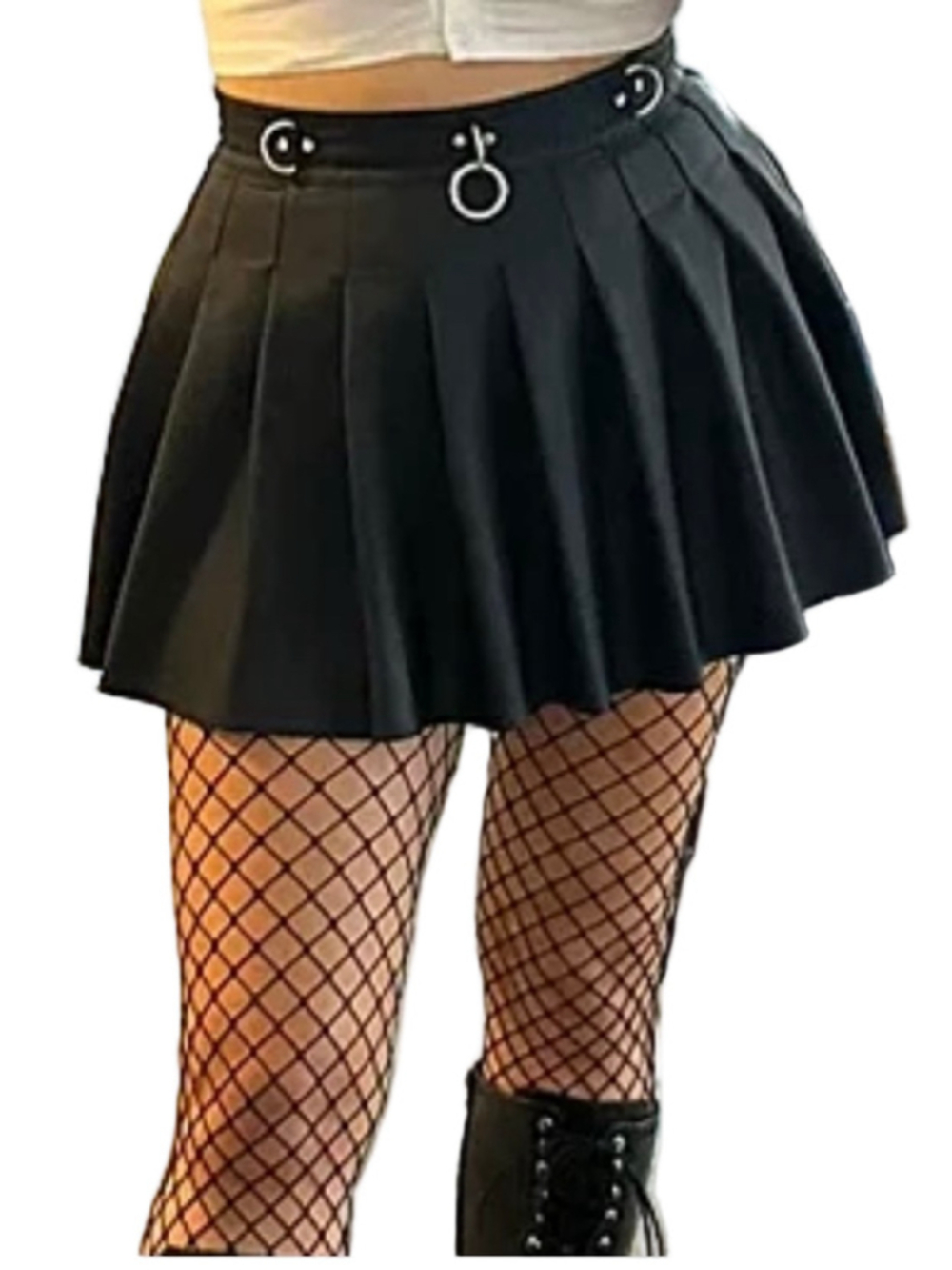 Vintage Y2K faux leather mini skirt pleated black metal rings goth punk alt JR L